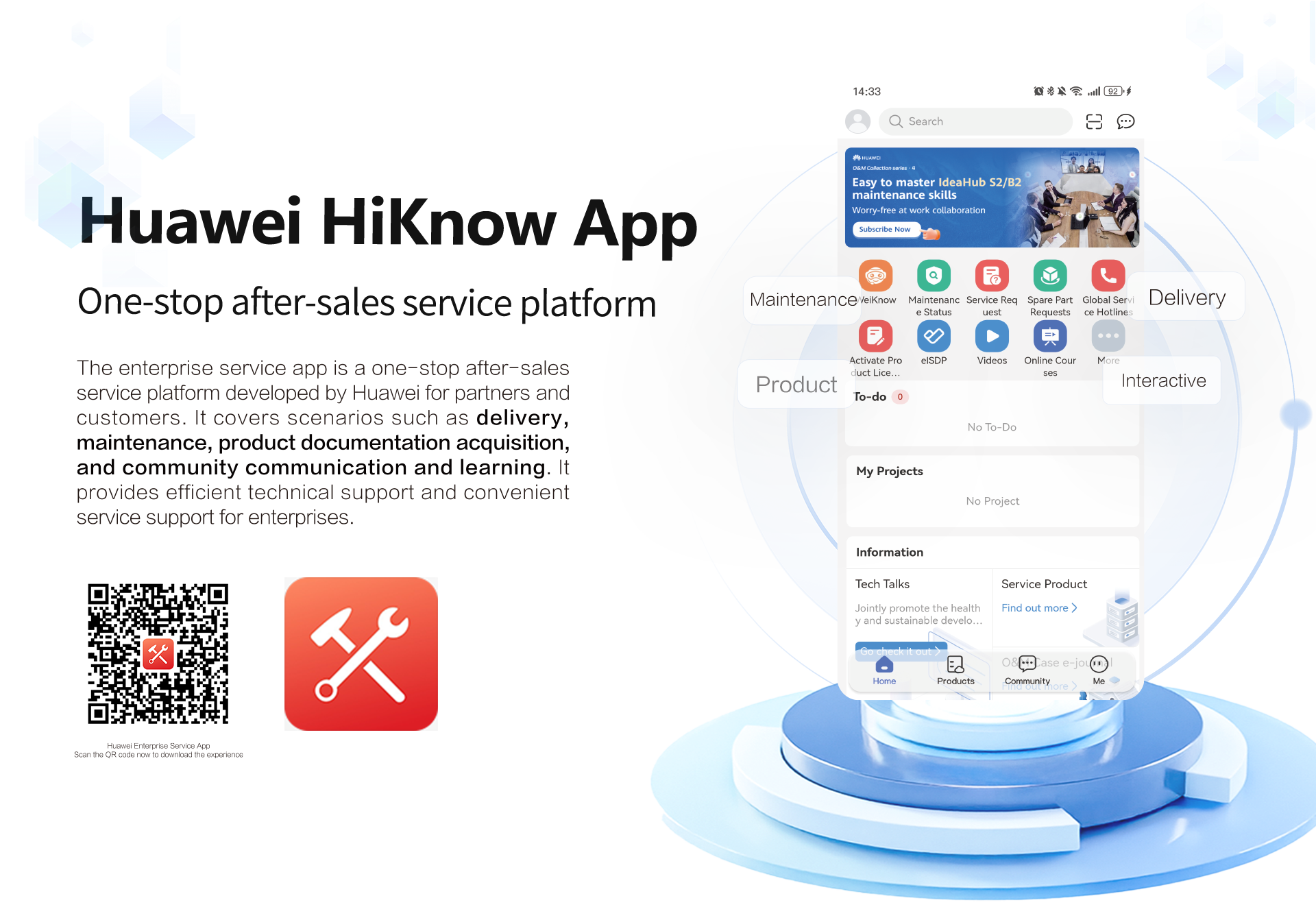 Huawei HiKnow app, one-stop project delivery, maintenance, product document, and community communication